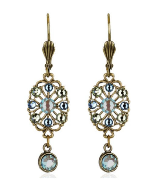 Oval Filigree Blue Crystal Drop  Earrings